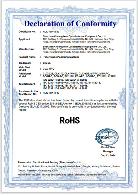 Cina Shenzhen Chuanglixun Optoelectronic Equipment Co., Ltd. Sertifikasi